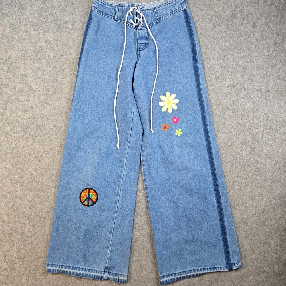 Vintage Flare Jeans Womens Size 1 27x29 Hippie Floral Boho Denim Embroidered 90s